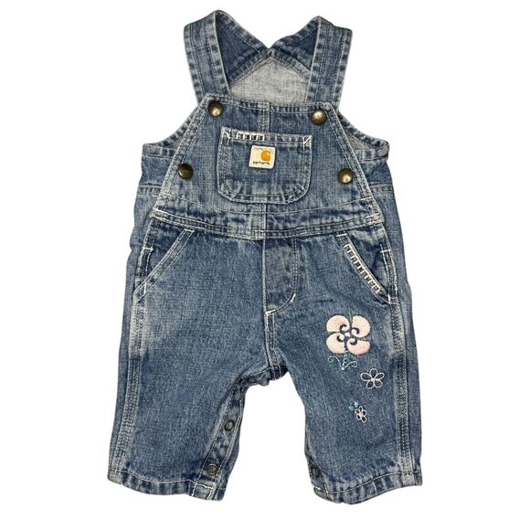 Carhartt Baby Girls 3 Months Denim Bib Overalls Floral Embroidered - Picture 1 of 7